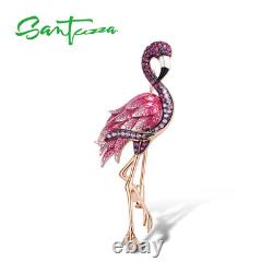 Silver Brooch for Women Pure 925 Sterling Silver Rose Gold Color Flamingo Bird A