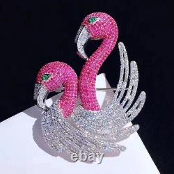 Simulated Pink Ruby 1.90Ct Round Cut Flamingo Brooch Pin 14K White Gold Plated