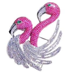 Simulated Pink Ruby 1.90Ct Round Cut Flamingo Brooch Pin 14K White Gold Plated