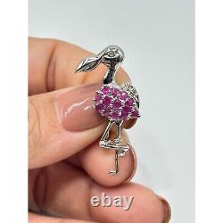 Sterling Silver Pink Flamingo Pin Brooch Pendant w Rubies Bird Figural Jewelry