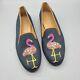 Stubbs & Wootton Women's Flats Blue Denim Embroidered Flamingo Loafer Shoes 6.5