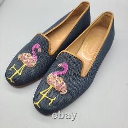 Stubbs & Wootton Women's Flats blue Denim Embroidered Flamingo Loafer Shoes 6.5