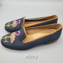 Stubbs & Wootton Women's Flats blue Denim Embroidered Flamingo Loafer Shoes 6.5