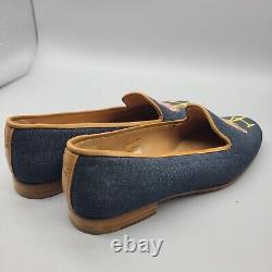 Stubbs & Wootton Women's Flats blue Denim Embroidered Flamingo Loafer Shoes 6.5