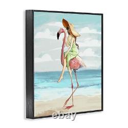 Stupell Industries Beach Woman Riding Pink Flamingo Tall Tropical Bird, Desig