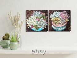 Succulent cactus two piece oil painting 12, Dark brown plant diptych wall art