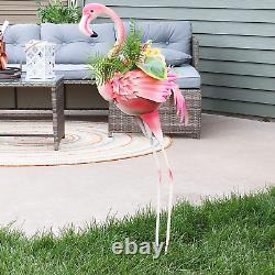 Sunnydaze Pink Flamingo Statue with Flowerpot Outdoor Metal Yard Art, Lawn and