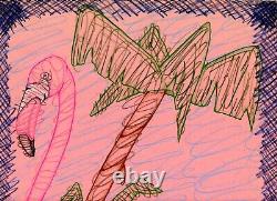 THE PINK FLAMINGO Bird Wild Animal Pencil Original Experimental Art Drawing
