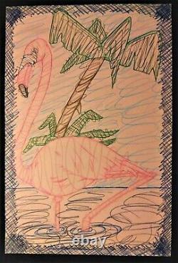 THE PINK FLAMINGO Bird Wild Animal Pencil Original Experimental Art Drawing