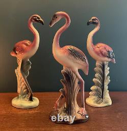 Three Vintage Ceramic PINK FLAMINGOS Mid Century Modern MCM 10 Figurines