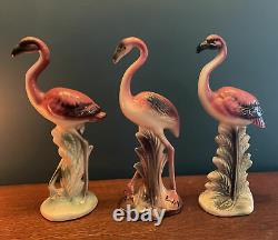 Three Vintage Ceramic PINK FLAMINGOS Mid Century Modern MCM 10 Figurines