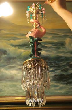 Tropical Flamingo Bird Swag Lamp Chandelier Crystal brass porcelain glass