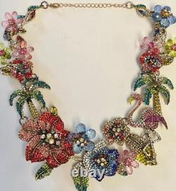 Tropical Garden Flower Hawaiian Necklace Flamingo Palm Tree Rhinestone Statement