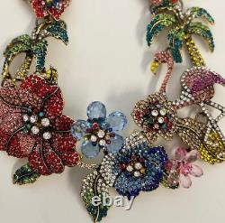 Tropical Garden Flower Hawaiian Necklace Flamingo Palm Tree Rhinestone Statement