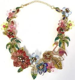 Tropical Garden Paradise Flower Hawaiian Flamingo Crystal bib Couture Necklace