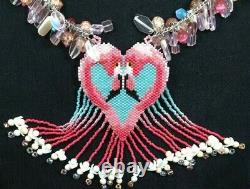 Tropical PINK FLAMINGO Necklace Miyuki Delicas Heart Shape FREE SHIPPING