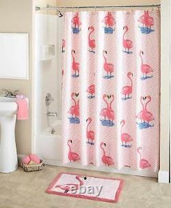 Tropical Paradise Pink Flamingo Shower Curtain & Bath Rug Birds Beach Bath Decor