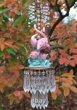 Tropical Pink Flamingo Bird Swag Lamp Chandelier brass porcelain LOTUS pond lily
