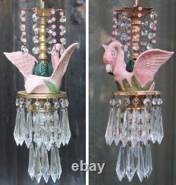 Tropical Pink Flamingo porcelain Bird Ceiling Lamp Chandelier Glass Crystal Bead