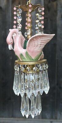 Tropical Pink Flamingo porcelain Bird Ceiling Lamp Chandelier Glass Crystal Bead