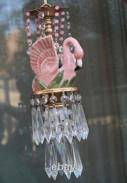 Tropical Pink Flamingo porcelain Bird Swag plugin Lamp Chandelier Glass Crystal