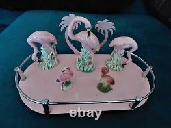 Ultra RARE Vtg 50s Lot Pink Flamingo Ceramic Mini Figurines Palm Tree Tray Set