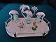 Ultra Rare Vtg 50s Lot Pink Flamingo Ceramic Mini Figurines Palm Tree Tray Set
