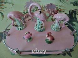 Ultra RARE Vtg 50s Lot Pink Flamingo Ceramic Mini Figurines Palm Tree Tray Set