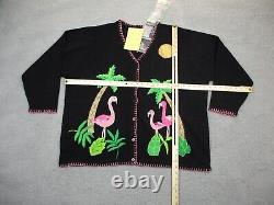 VINTAGE Quaker Factory Sweater Women 2XL XXL Black Pink Flamingo Ladies Knit NEW
