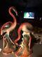 Vintage Set 2 Flamingo Statues 1950's 7.5 & 10 Beautiful Pink And Green