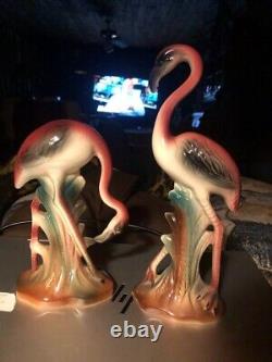 VINTAGE SET 2 FLAMINGO STATUES 1950'S 7.5 & 10 beautiful pink and green