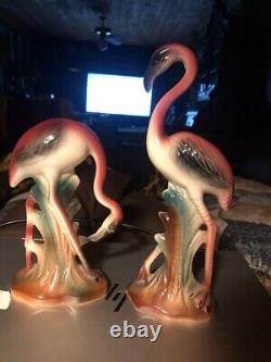 VINTAGE SET 2 FLAMINGO STATUES 1950'S 7.5 & 10 beautiful pink and green