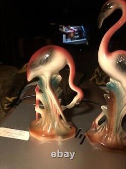 VINTAGE SET 2 FLAMINGO STATUES 1950'S 7.5 & 10 beautiful pink and green