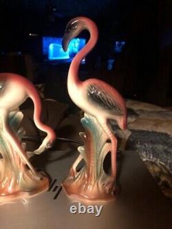 VINTAGE SET 2 FLAMINGO STATUES 1950'S 7.5 & 10 beautiful pink and green