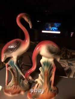 VINTAGE SET 2 FLAMINGO STATUES 1950'S 7.5 & 10 beautiful pink and green