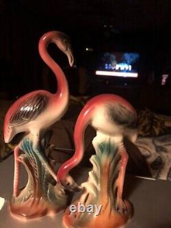 VINTAGE SET 2 FLAMINGO STATUES 1950'S 7.5 & 10 beautiful pink and green