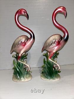 VTG PAIR Mid-century Art Deco Style Pink Flamingo Ceramic Figurines STANDING 12
