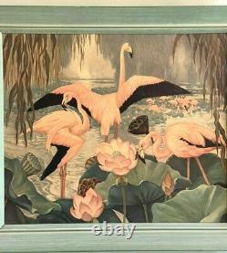Vintage 1940s Tropical Pink Flamingos Litho Art Print Framed