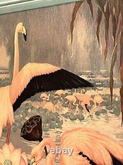 Vintage 1940s Tropical Pink Flamingos Litho Art Print Framed