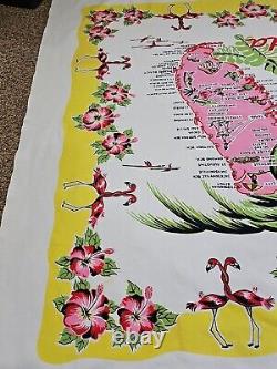 Vintage 1950s Florida Tablecloth Cotton Pink Yellow Flamingo Mid Century 52x47