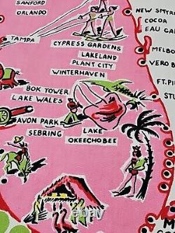 Vintage 1950s Florida Tablecloth Cotton Pink Yellow Flamingo Mid Century 52x47