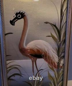Vintage 1950s M. Devoe Pink Flamingo Painting Silverboard Framed