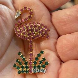 Vintage Bauer Figural Flamingo Hand Prong Set Pink Green Crystal Stone Brooch