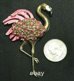 Vintage Enameled Figural Flamingo Bird 1940's Brooch Pink Rhinestones & Enamel