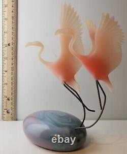 Vintage John Perry Mooon Egg 1980's Sculpture Signed 1985-Pink Flamingo Birds