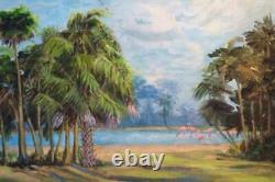 Vintage Landscape Oil Painting Florida Palm Trees Lake Landscape Pink Flamingos