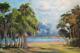 Vintage Landscape Oil Painting Florida Palm Trees Lake Landscape Pink Flamingos