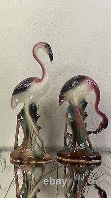 Vintage MCM Pair Of Porcelain Ceramic Pink Flamingos Figurines 10 & 7