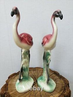 Vintage MCM Pair of Pink Flamingo Figurines Ceramic Art Pottery Standing Upright