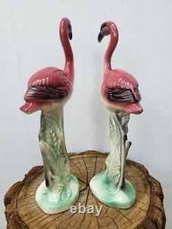 Vintage MCM Pair of Pink Flamingo Figurines Ceramic Art Pottery Standing Upright